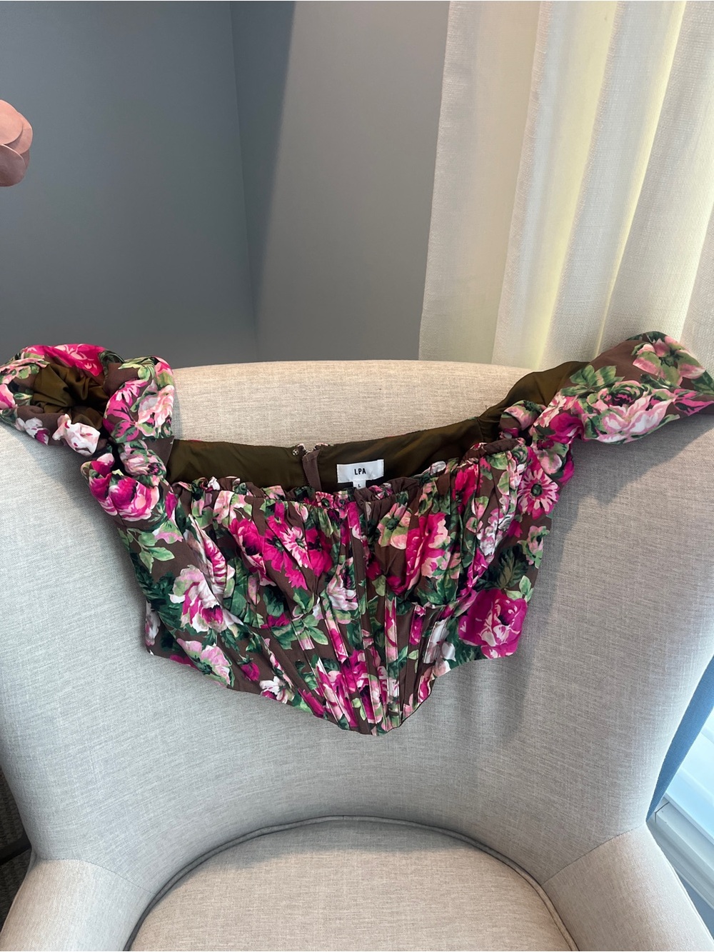 LPA Claudette Puff Sleeve Corset Top- Simone Pink Brown Floral Print Size L